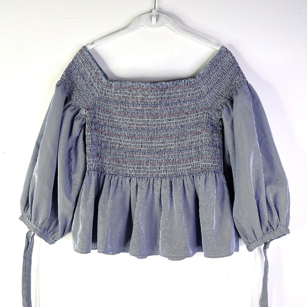 Honey & T Top Women XL Blue Peasant Smocked Gingham Babydoll Milkmaid Boho NWOT